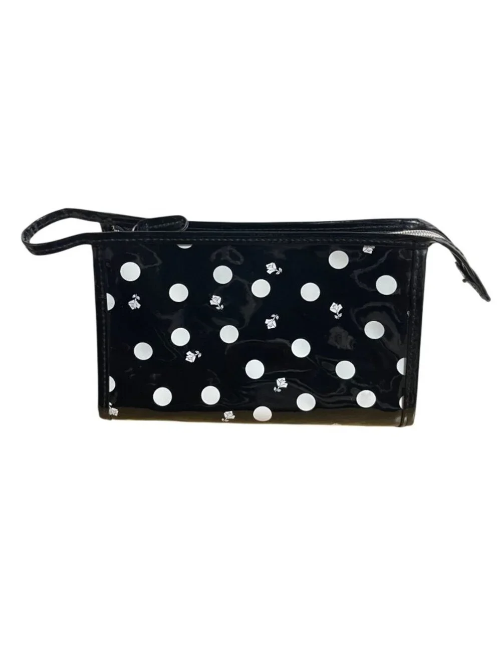 Lancome Black Rose & Polka Dot Wristlet Small Makeup Bag Glossy Cosmetic Storage
